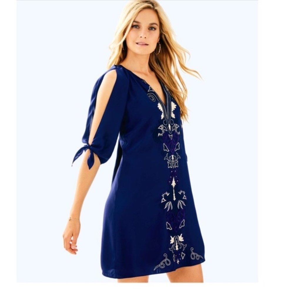 Lilly Pulitzer Bryce Silk Dress Navy Gold Medium